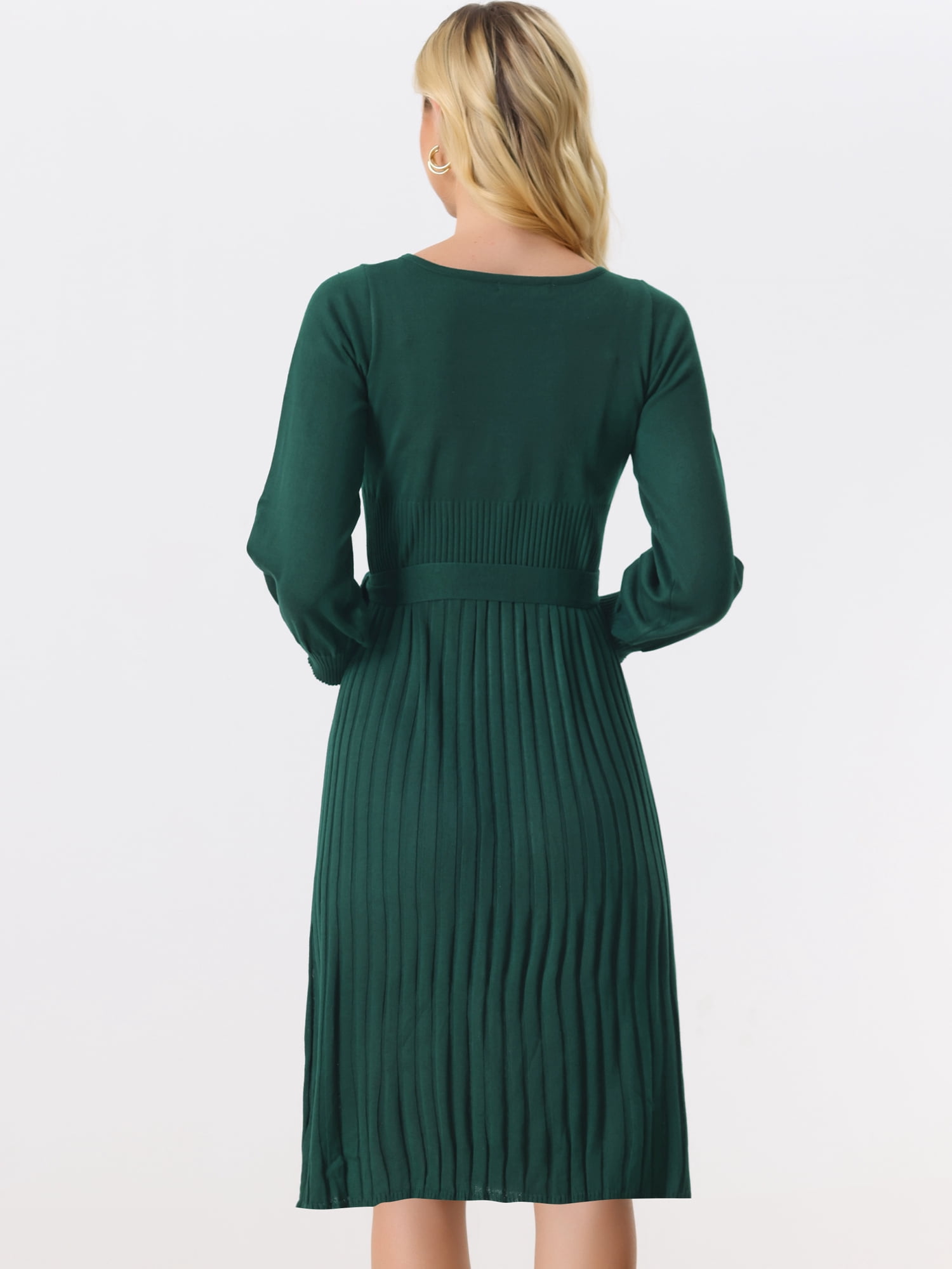 DARING DIVA Knit Belted Crew Neck Lantern Sleeves Pleated Sweater Dresse S Green