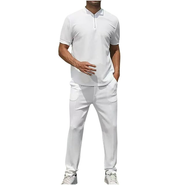 Birdeem Men Sets Shirt and Shorts Mens Leisure Sports Set Short Sleeve Knitting Split Solid Color Two-Piece Round Neck Top Set