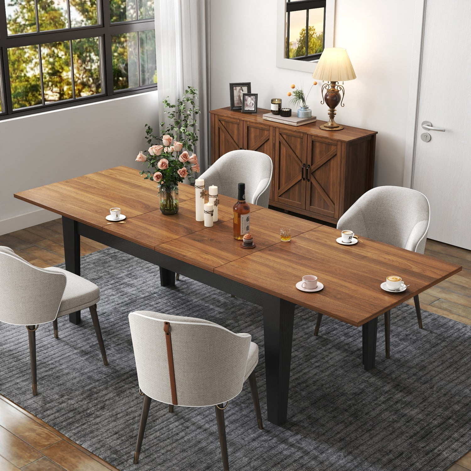 106.3" Extendable Dining Table, Large Woodgrain Kitchen Table with Expandable Design, Modern Rectangular Dining Room Table for Family Meals, Office, Study & Gathering Spaces, Walnut&black