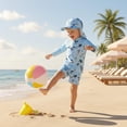 thumbnail image 3 of Baby Boys Swimsuit Summer Fish Print Long Sleeve Rash Guard Swim Trunk with Hat Set Three Piece for Toddler Light Blue 18 Months-24 Months, 3 of 6