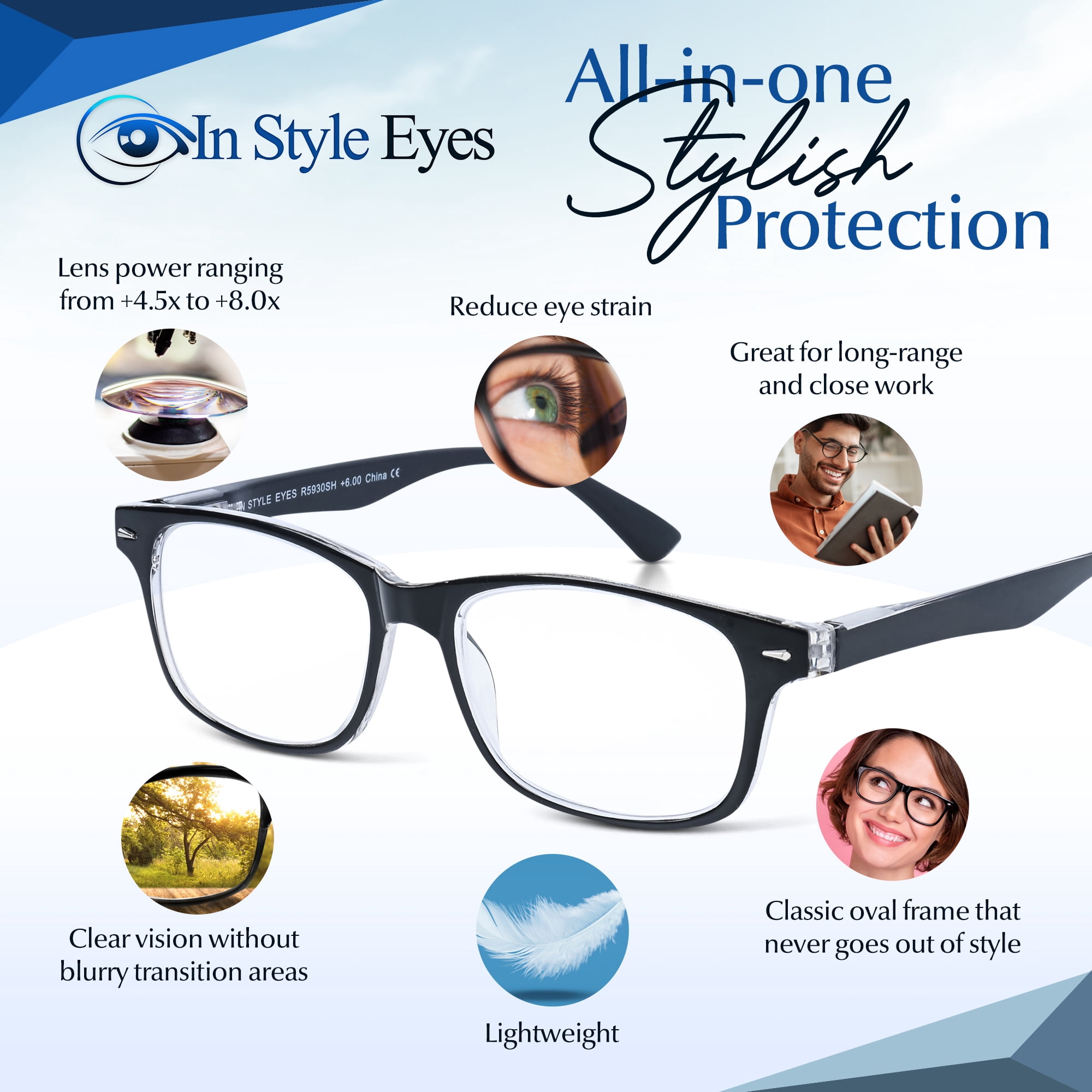 In Style Eyes Adult Men's Powerful High Magnification Reading Glasses, Black, 4.5 Pair