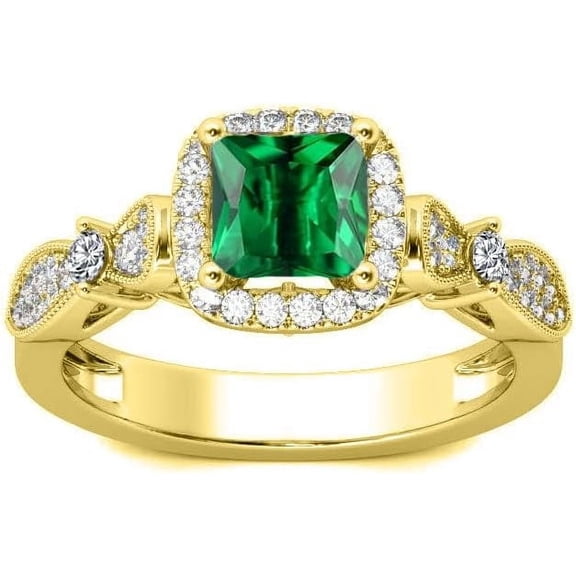 Gems Jewels 1.20 Ct Princess Cut Green Emerald Wedding Engagement Halo Ring 14K Yellow Gold Plated 925 Sterling Silver For Women's -9