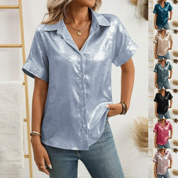 ZZwxWA Women Metallic Sheen Button Down Shirt V Neck Short Sleeve Casual Loose Summer Blouses Tops
