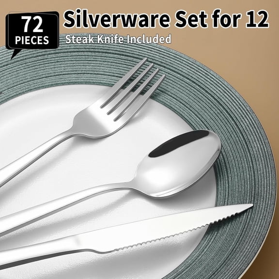JUNCHI-72 Piece Silverware Set with Steak Knives for 12, Stainless Steel Flatware Set, Food-Grade Tableware Cutlery Set Includes Forks Spoons Knives, Mirror Polished, Dishwasher Safe