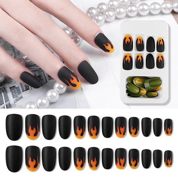 Puntas de Uñas NikouMX 24 Piezas Postizas con Llama Negras