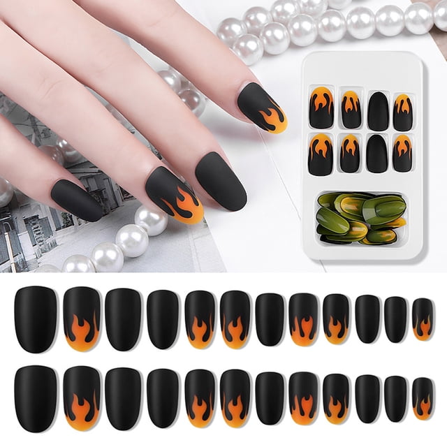 Puntas de Uñas NikouMX 24 Piezas Postizas con Llama Negras