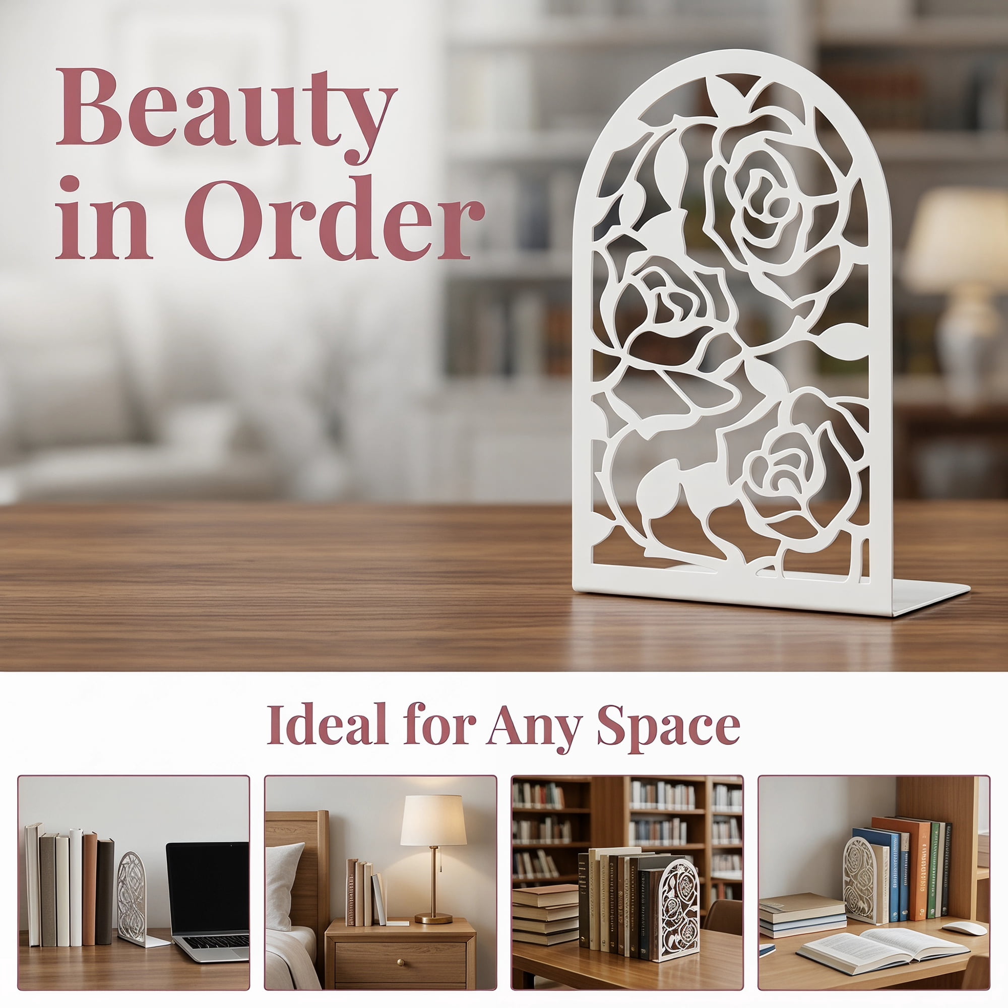 Unique Bargains Large Flower Design Floral Metal Bookends White Style A 4.7"x3.2"x7.3"