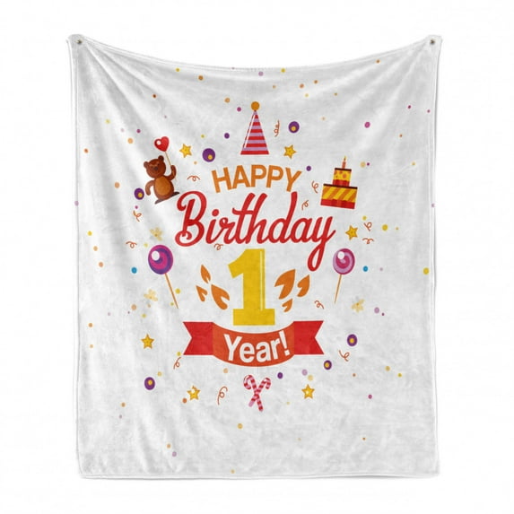 1st Birthday Soft Flannel Fleece Throw Blanket, Birthday Party with Cones Teddy Bear Candies and a Cake Print, Cozy Plush for Indoor and Outdoor Use, 70" x 90", Red Marigold and Purple, by Ambesonne