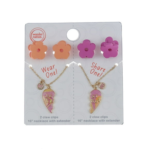 Wonder Nation Girls' BFF Necklace and Hair Clip Set, 6-Piece
