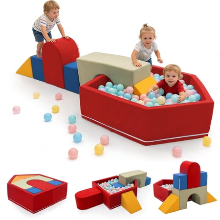 SAETSFEG Toddlers Climbing Toys with Ball Pit 7-Piece Baby Foam Climbing Blocks with Ball Pool Kids Indoor Climbing Crawling Activity Soft Play Set Red (Balls not Included)
