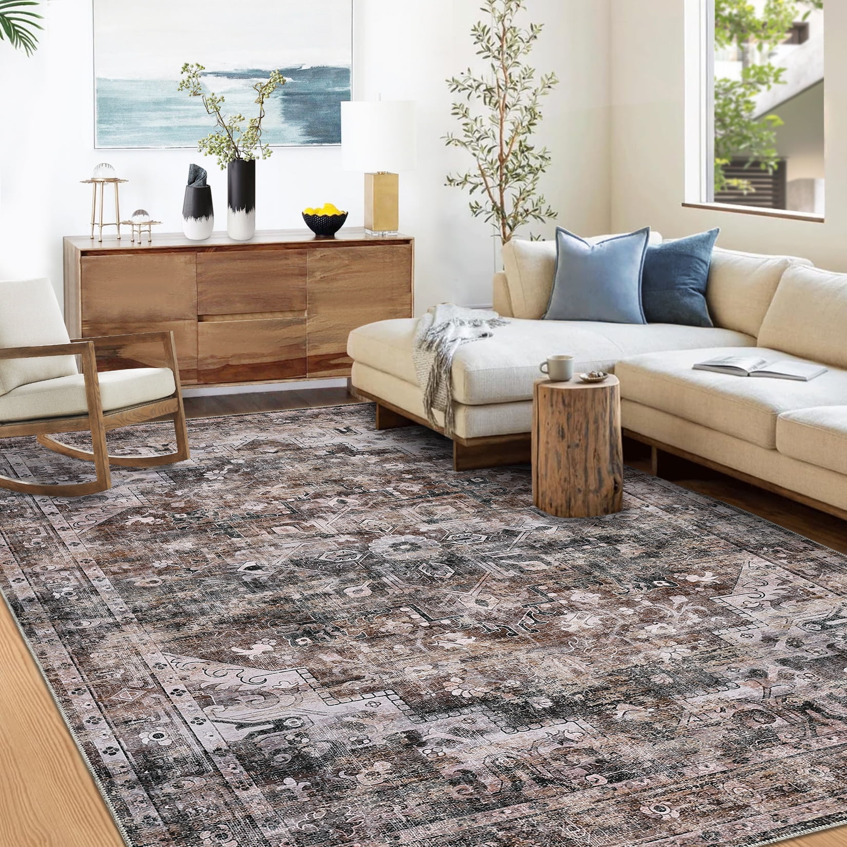 HOMERRY 9' x 12' Area Rug for Living Room Washable Bedroom Floral Geometric Carpet for Room Decor, Brown