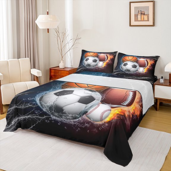Sports Bed Sheets Twin Size,Baseball Soccer Sheet Set Teens Basketball Football Sheets Ball Games Flat Sheet,Fire Ice Trippy Lightening Decor 3Pcs Soft Luxury