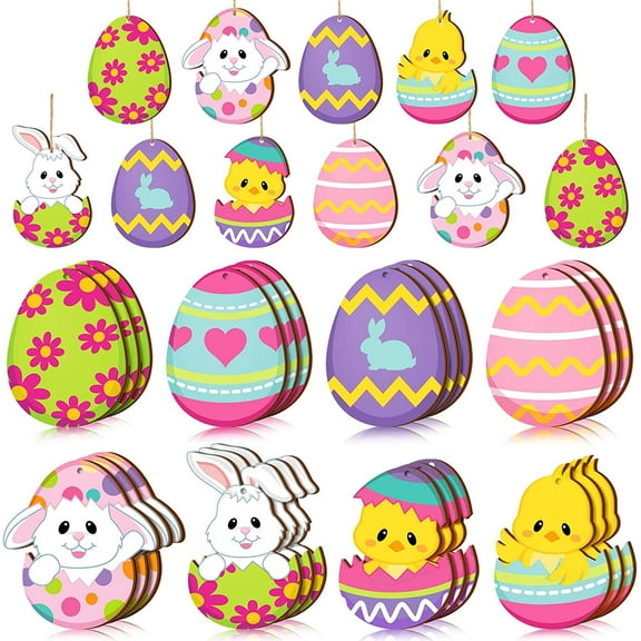 Changxing 24 Pieces Spring Easter Wooden Ornaments Happy Easter Cutouts Embellishments Cute Holiday Decorations with Strings Hanging Ornaments for Tree Party Home Classroom Decor(Bunny Egg Flower)
