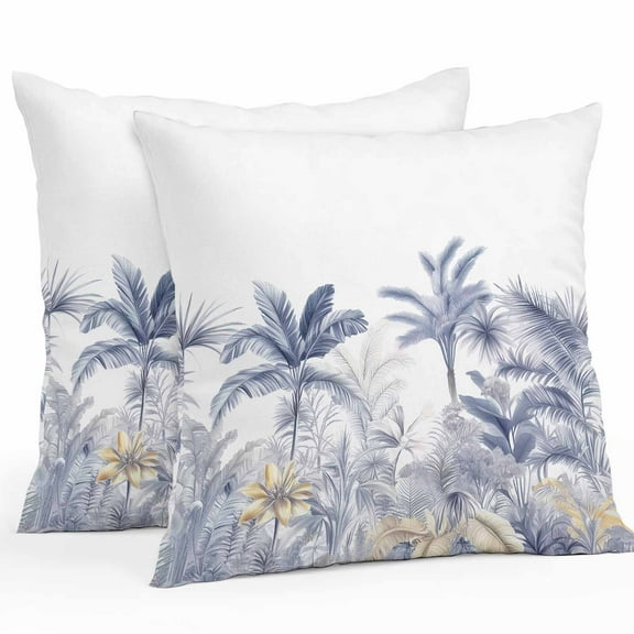 Boanket Outdoor Pillow Covers 20 x 20 Inches, Blue Palm Tree Waterproof Throw Pillow Cover Set of 2, Forest Tropical Plants Flower Leaf Decorative Square Cushion Covers for Patio/Tent/Couch/Garden
