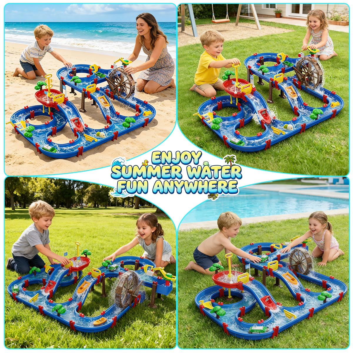 Vatos 2-Tier Water Table for Kids 3+, DIY Water Park Playset with Water Wheel and Pump, Outdoor Summer Water Toy