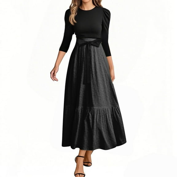 UoCefik Long Floral Dresses for Women 2025 Elegant Boho Tie Belted Patchwork Empire Waist 3/4 Sleeve Modest Flowy Maxi Dress 2025 Black XL