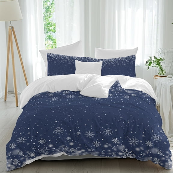 Duvet Cover Twin Size 3 Piece Bedding Set, Winter Snowflake Soft Breathable Comforter Cover with 2 Pillow Shams, Christmas Navy Blue Luxury Duvet Covers with Zipper Closure