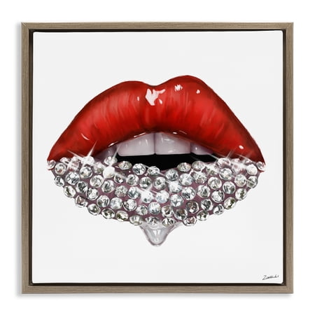 Stupell Industries Red Glam Lips with Gemstones Beauty & Fashion Painting Brown Floater Framed Canvas Art Print Wall Art  25 x 25