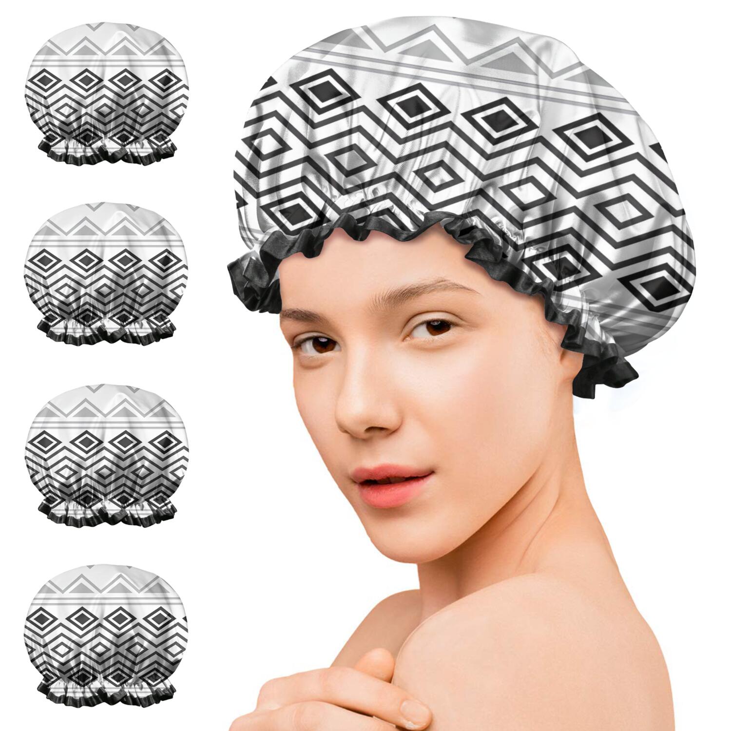 Shower Caps,Boho Black and White Geometric Ethnic Pattern Waterproof Shower Cap for Women 4 Pieces,Double Reusable Hair Cover for Shower PEVA Elastic Stretch Hem
