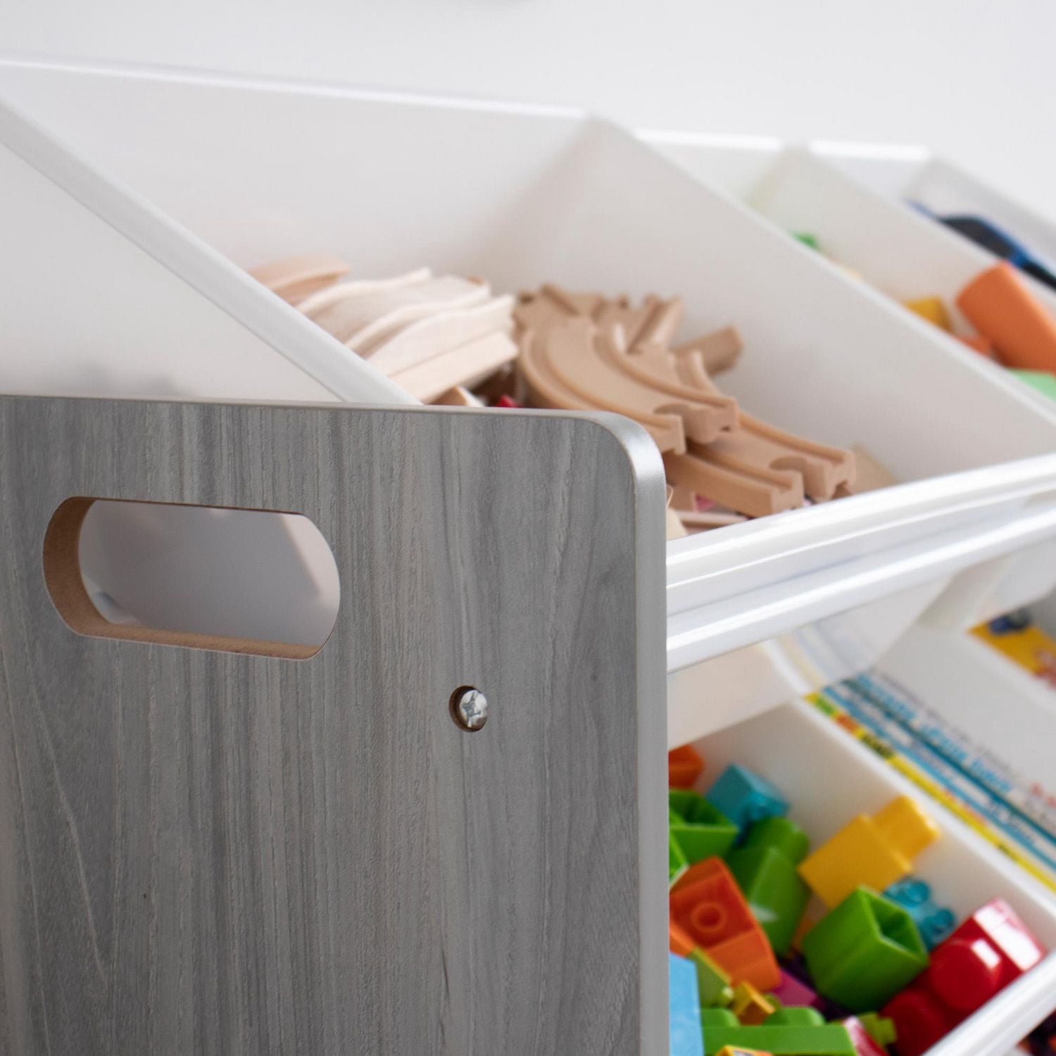 Humble Crew Slate Toy Storage Organizer with 12 Storage Bins, Grey Wood Grain/White