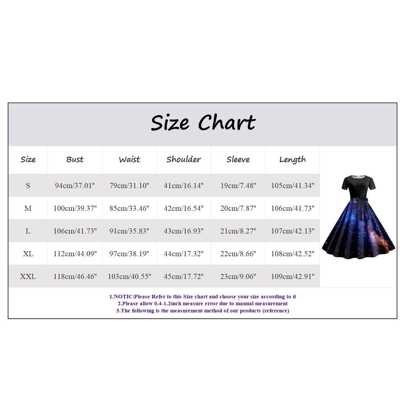 XIAOCHA Women's Galaxy Print Swing Dress Short Sleeve Round Neck Tie Waist Midi Dress Retro Space Themed Party Dress