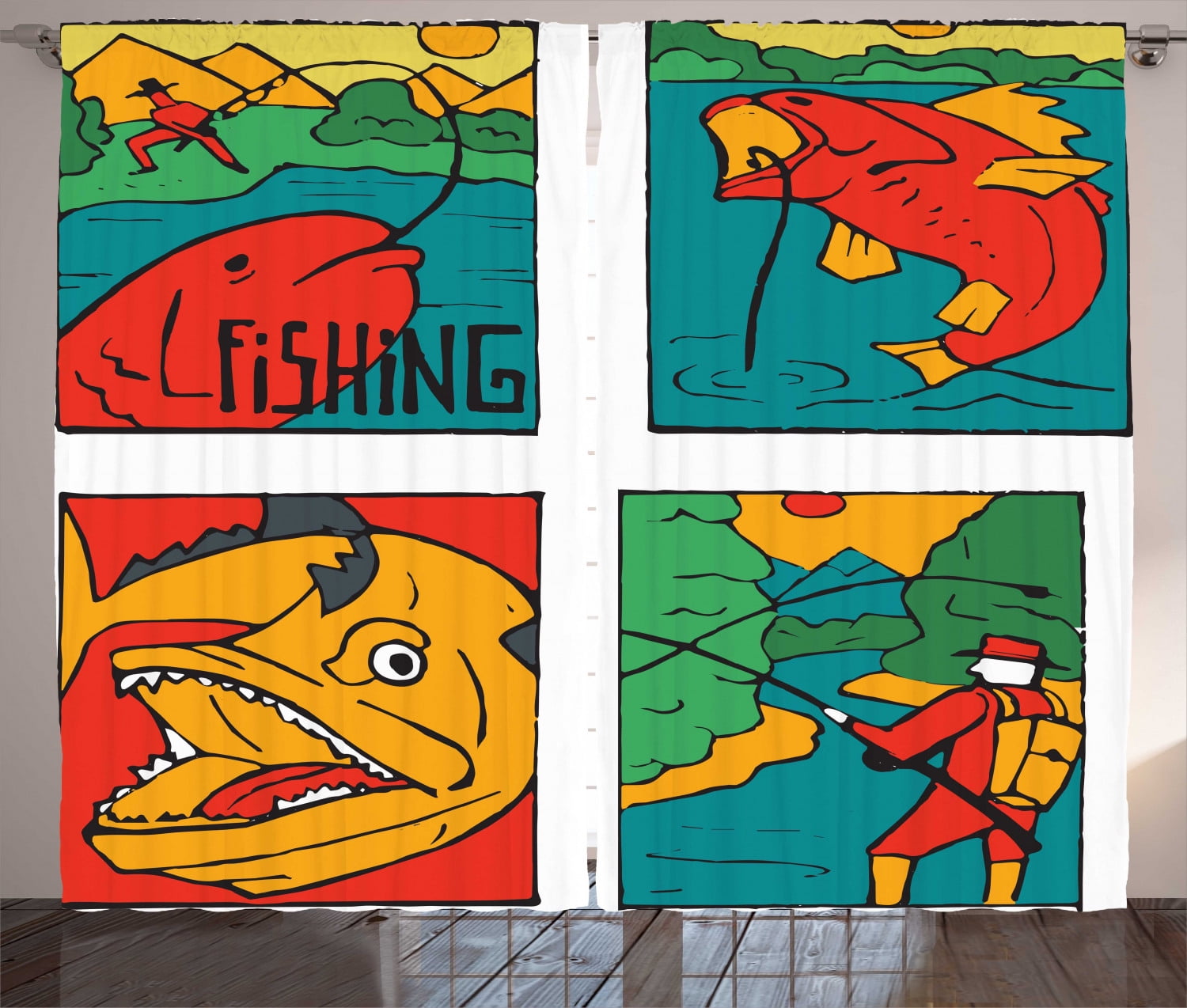 Gone Fishing Curtains 2 Panels Set, Colorful Caricature ...