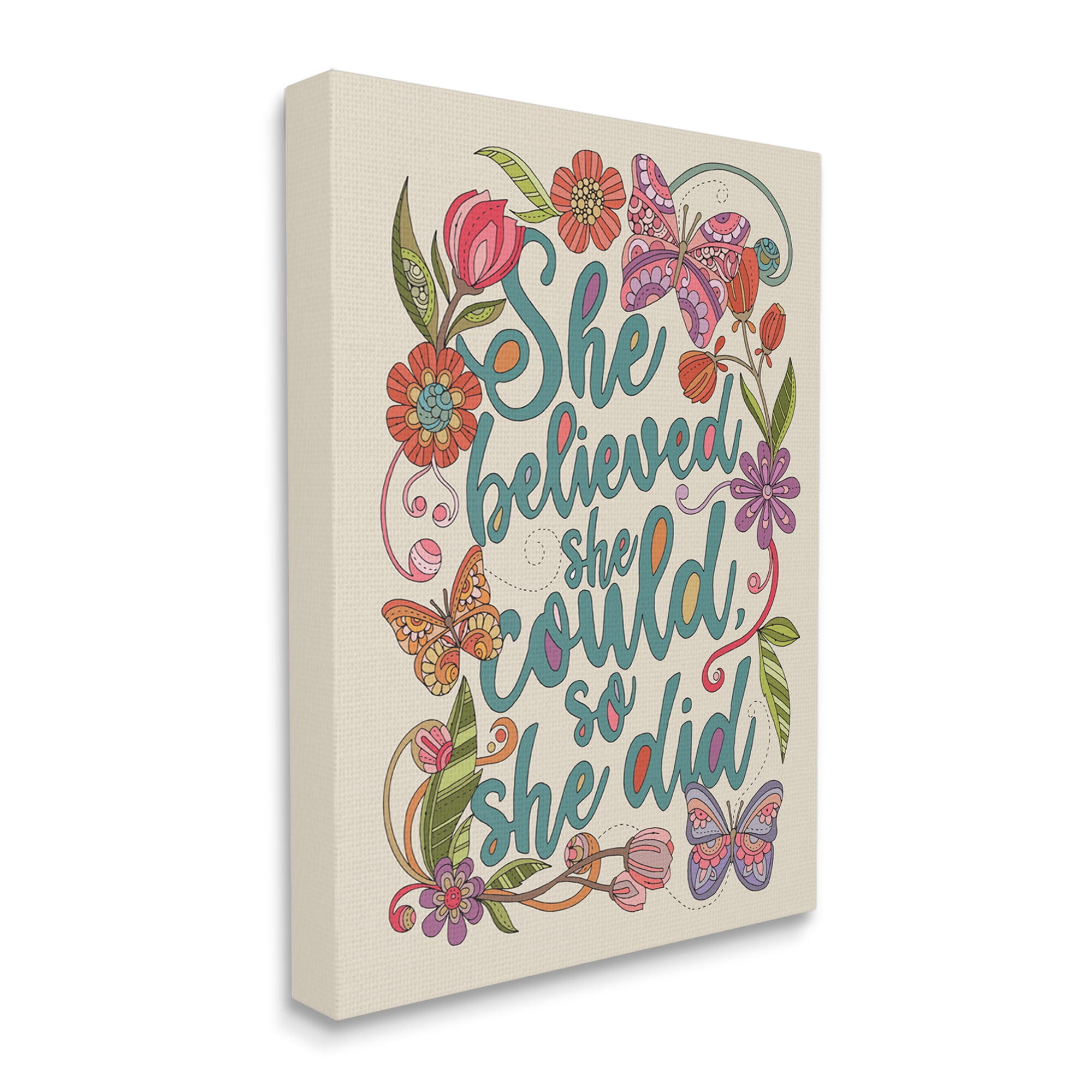 Stupell Industries She Believed Girl Power Motivational Patterned Floral Butterflies Graphic Art Gallery Wrapped Canvas Print Wall Art, Design by Valentina Harper