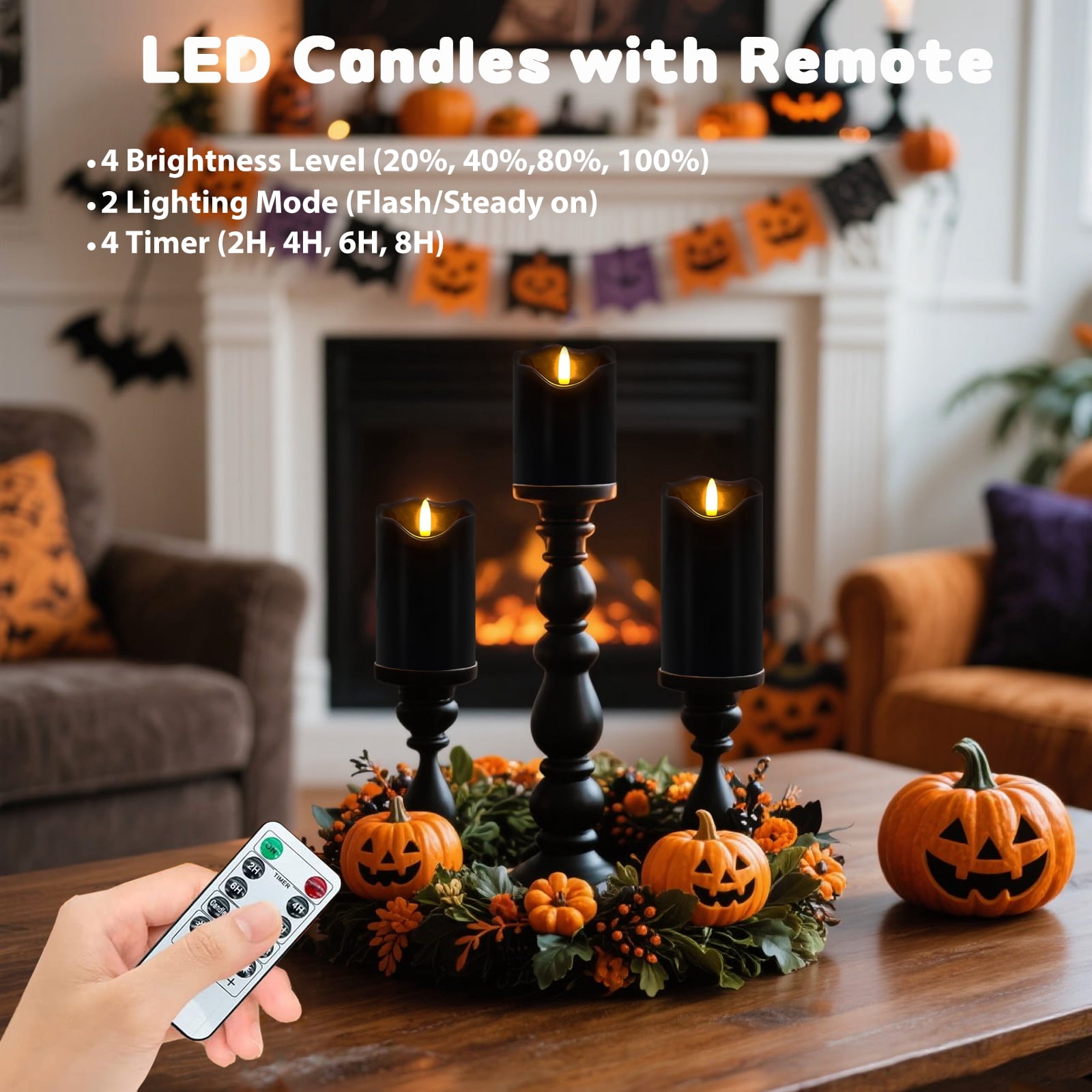 Flameless Candles Light, Set of 3 Flickering LED Candles with Remote & Timer, Dimmable Real Wax Electric Pillar Candles Battery Operated, Black Flameless Candles for Home Halloween Decor