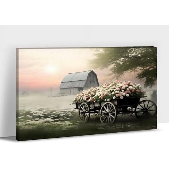 Farmhouse Spring Wall Art, Vintage Barn and Pink Flowers Cart Picture Canvas Wall Art, Country Room Decor, Vibrant Country Pictures Prints for Farmhouse Living Room, Bedroom Wall Decor 12x18 Inches