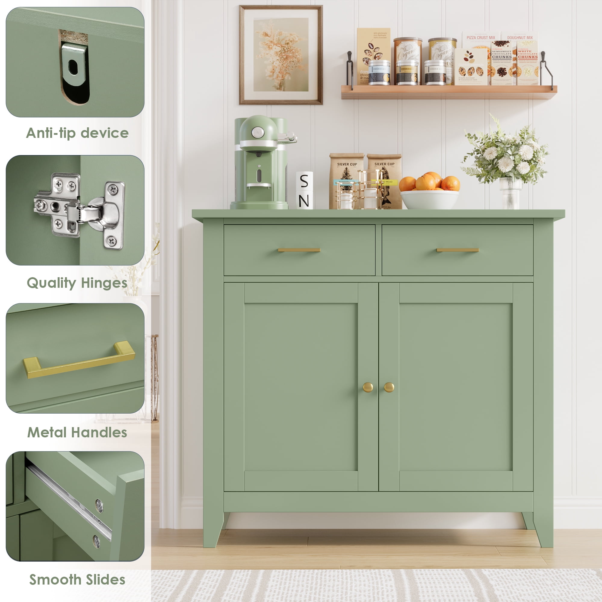 Homfa Kitchen Storage Cabinet, Farmhouse Buffet Sideboard with 2 Drawers and 2 Doors, Entryway Cabinet Coffee Bar for Dining Room Living Room, Green