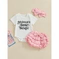 thumbnail image 2 of Bslissey Baby Girls Summer Outfits 3M 6M 12M 18M Short Sleeve Letter Print Romper + Layered Hem Shorts + Bow Headband 3Pcs Newborn Infant Casual Cute Skirt Sets, 2 of 9