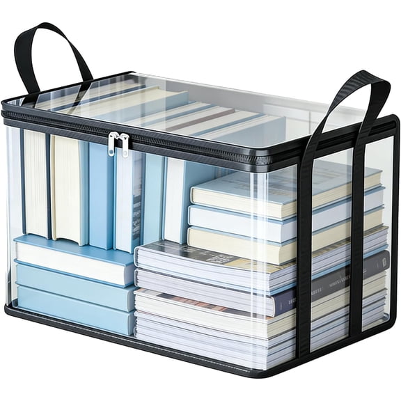 Clear Book Storage Bag with Reinforced Handles - Heavy Duty Plastic Comic Book Organizer & DVD Storage Bin - Collapsible Media Tote with Zipper Lid for Books, Journals and Albums - 15" x 9.5" x 12.6"