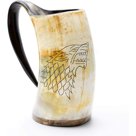 Norse Tradesman XL Viking Drinking Horn Mug - 100% Natural Beer Horn Tankard With Game of Thrones Direwolf Engraving | The Fenrir, Unpolished, approx. 30 oz