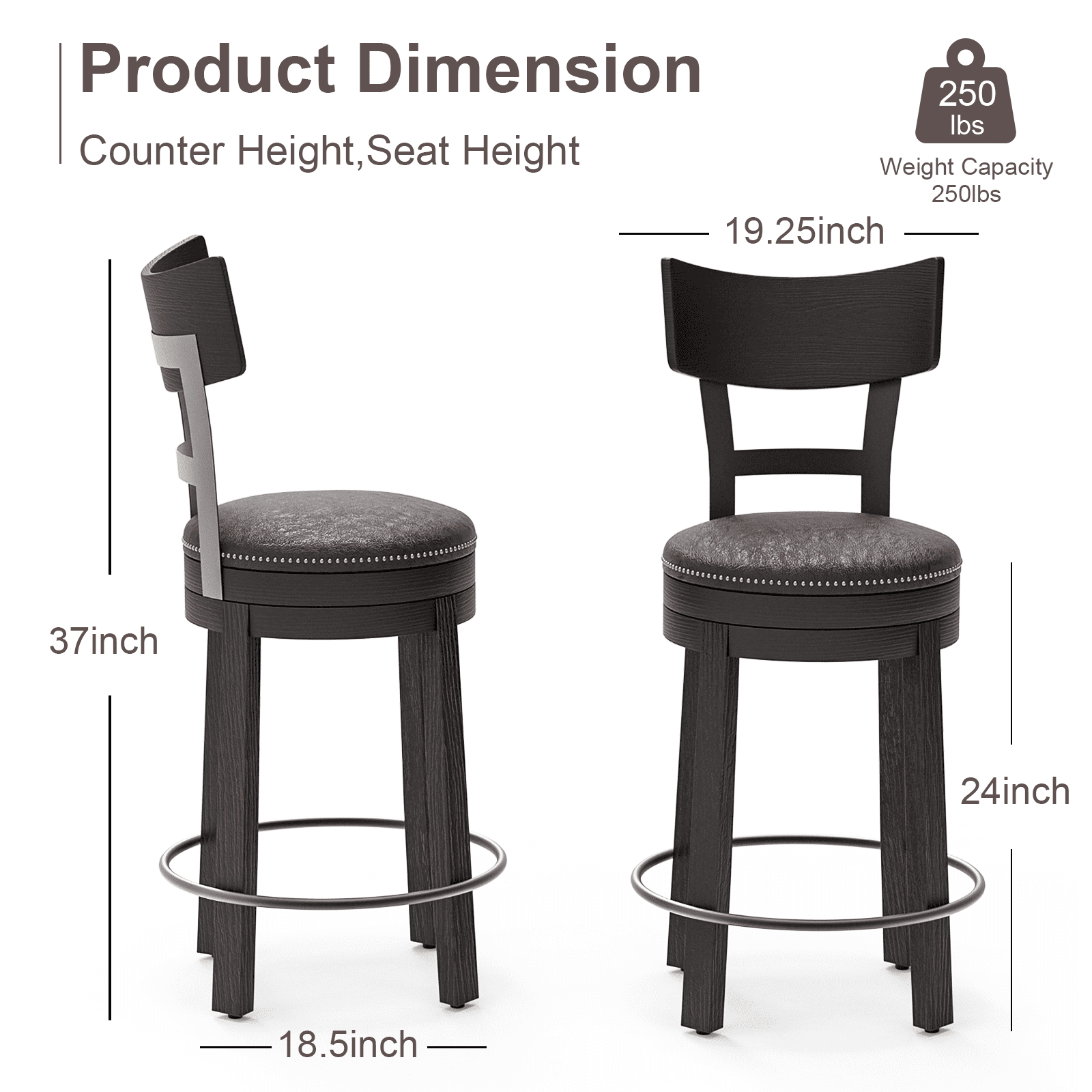 Nathaniel Home, 24" Swivel Counter Height Bar Stools, Dining Chairs with Backrest, Leather Seat Barstool Set of 2, Brown