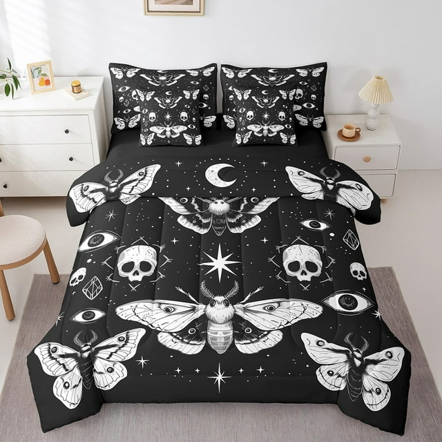 YST 7-Piece Death Moth Gothic Comforter Set, King, Black and White, Halloween Theme