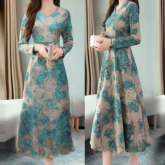 Conairie Maxi Dresses for Women Graphics V Neck Loose Casual Long Sleeve A-Line Dress Spring Fall Swing Dress Blue L