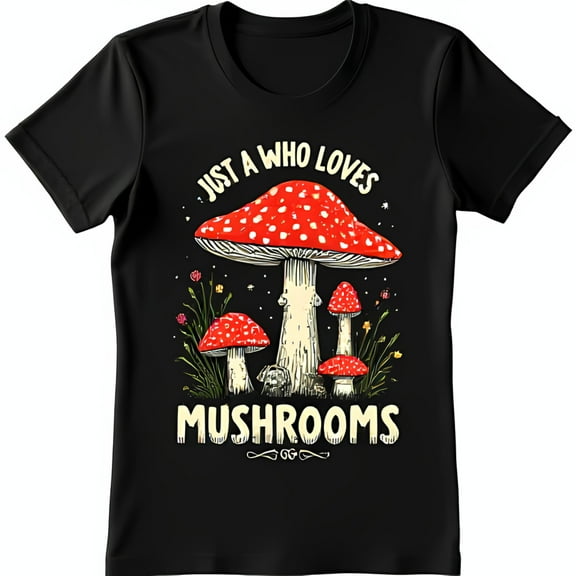 Stylish Black T-Shirt with Fun Cartoon Mushroom Graphic & Whimsical Text