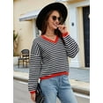 thumbnail image 3 of Women'S Long Sleeve Striped Sweater V Neck Color Block Soft Knit Pullover Trendy Jumper Tops Black & White L, 3 of 8