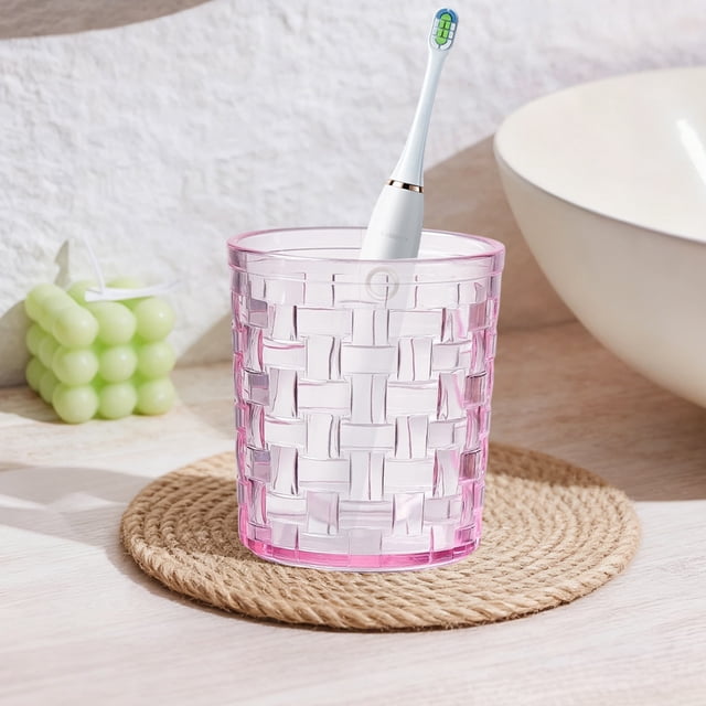 Transparent Plastic Mouthwash Cup for Couples, Wide-Mouthed Durable Toothbrushing Rinse Cup with Rattan-Style Design