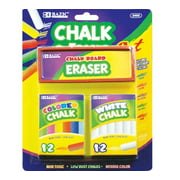 2 Pack - BAZIC 12 Color and 12 White Chalk with Eraser Sets, Assorted