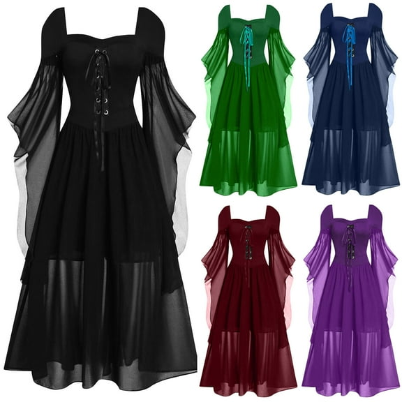 LOVZFMLL Renaissance Costume for Women Gothic Vintage Tiered Lace Up Long Dress Halloween Cosplay Masquerade Party Outfits