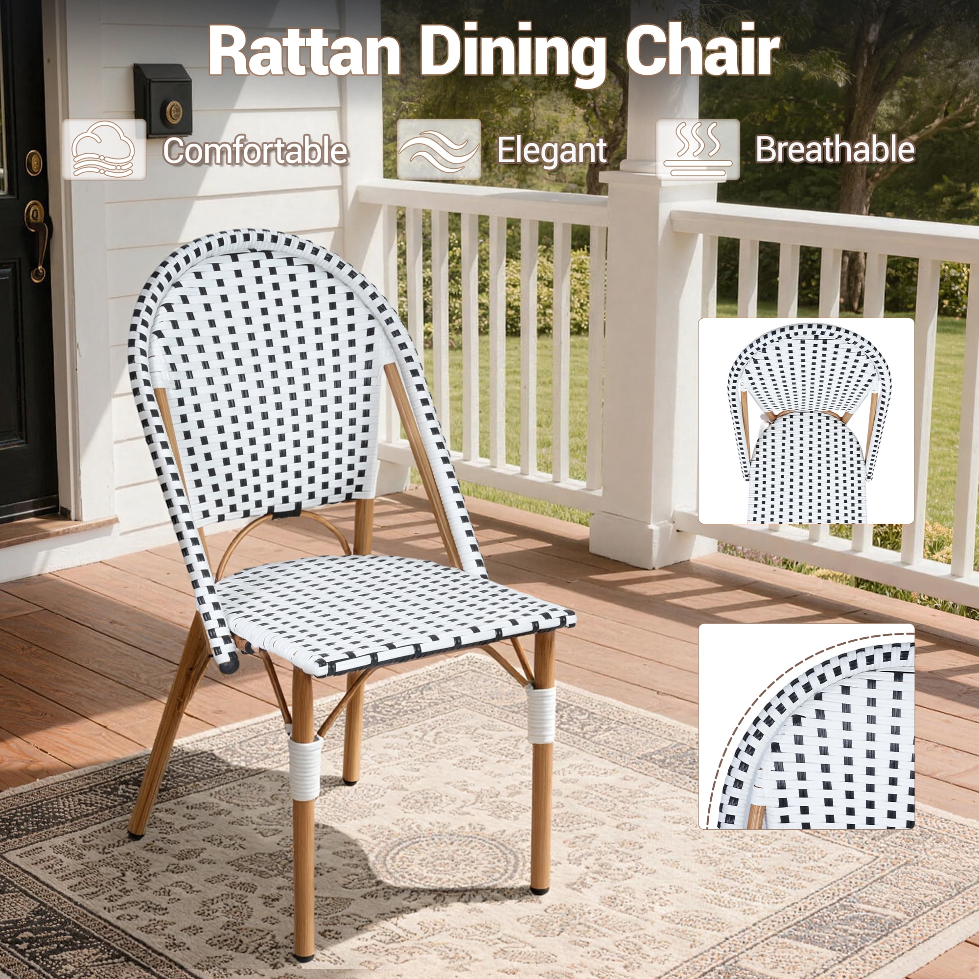 DELMANGO 2-Piece Wicker Outdoor French Bistro Chairs, Armless Patio Chairs, Stackable Dining Chairs with Metal Frame, White/Black
