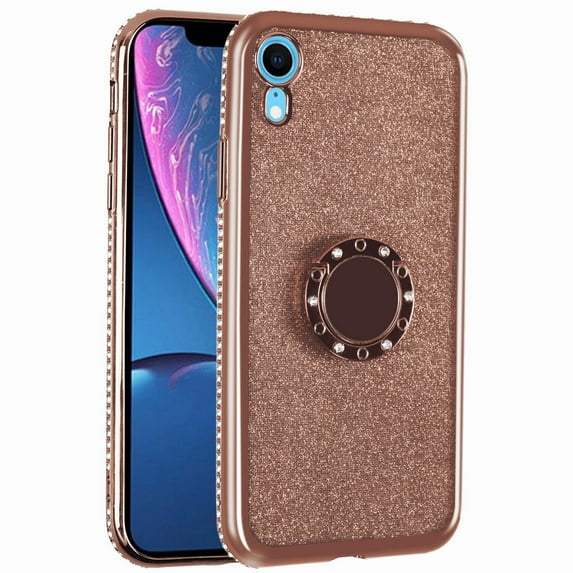 SOATUTO Compatible with iPhone XR Case,Cute Girly Glitter Diamond Rhinestone Bumper with Ring Kickstand Pink TPU Protective Cover Case for iPhone XR Bling - Rose Gold