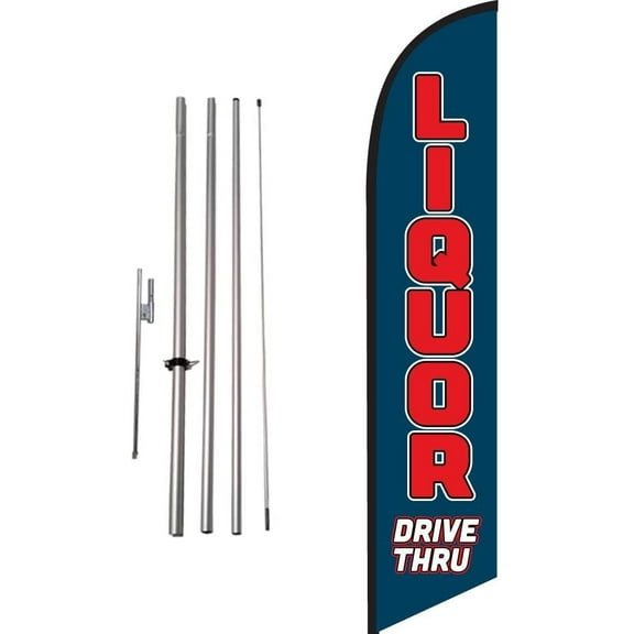 Drive Thru Liquor Mart Advertising Feather Banner Swooper Flag Sign with Flag Pole Kit and Ground Stake