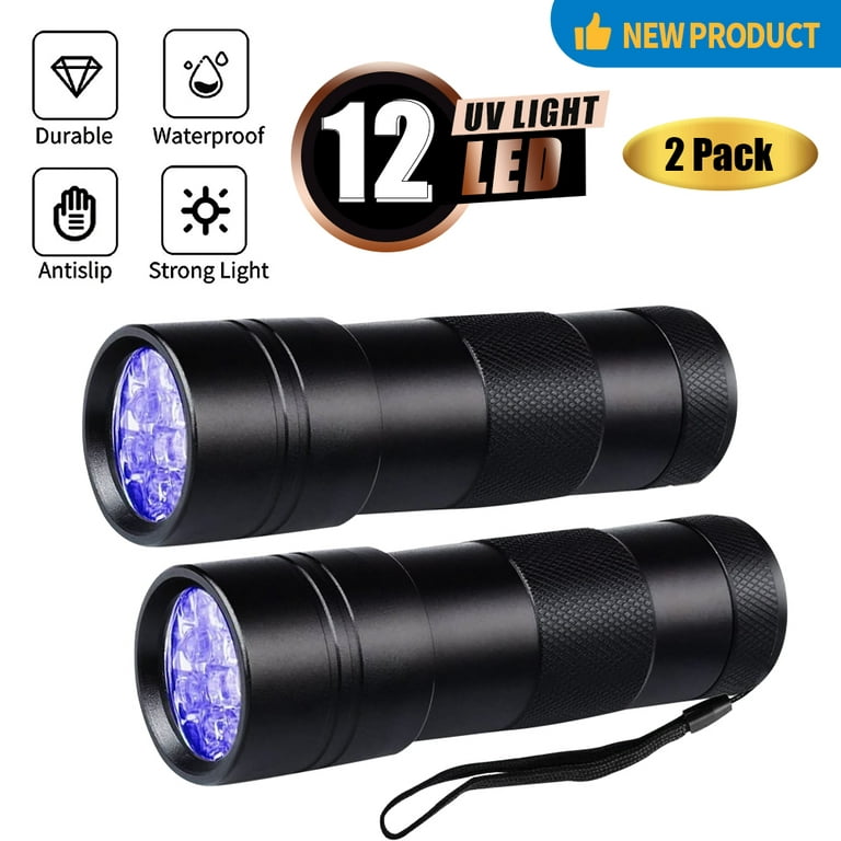 UV Flashlight Black Light, 2 Pcs UV Handheld Blacklight Flashlights 12 Led  395nm Mini Light Torch Detector for Pets Urine and Stains