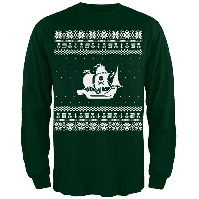 Pirate Chandail de Noël Laid Bateau Adulte Vert T-Shirt à Manches Longues