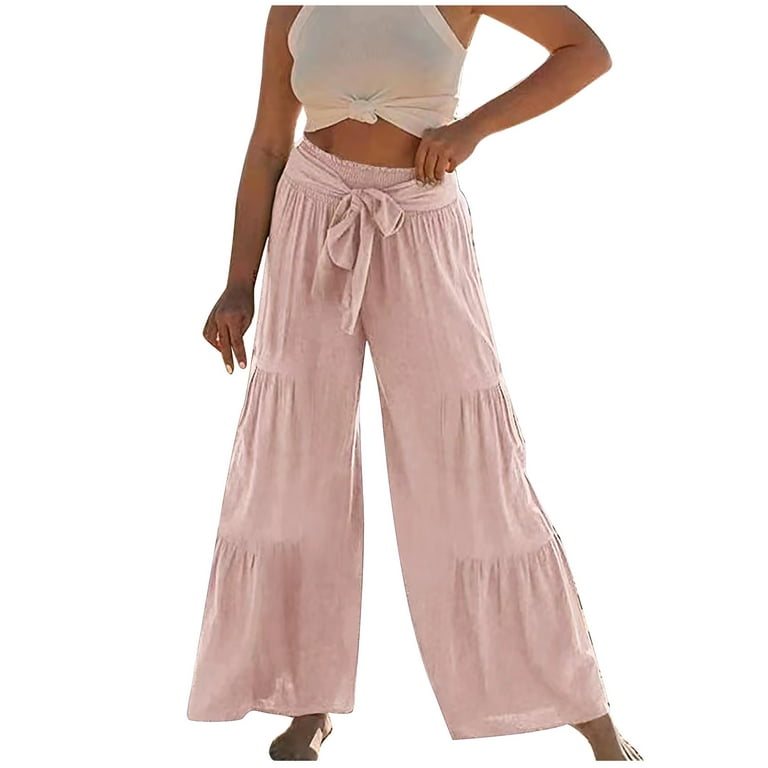 Mrat Full Length Pants Women's Capri Pant Ladies Fashion Casual High Waist  Elastic Waist Drawstring Straps Solid Color Ruffle Wide Leg Long Pants