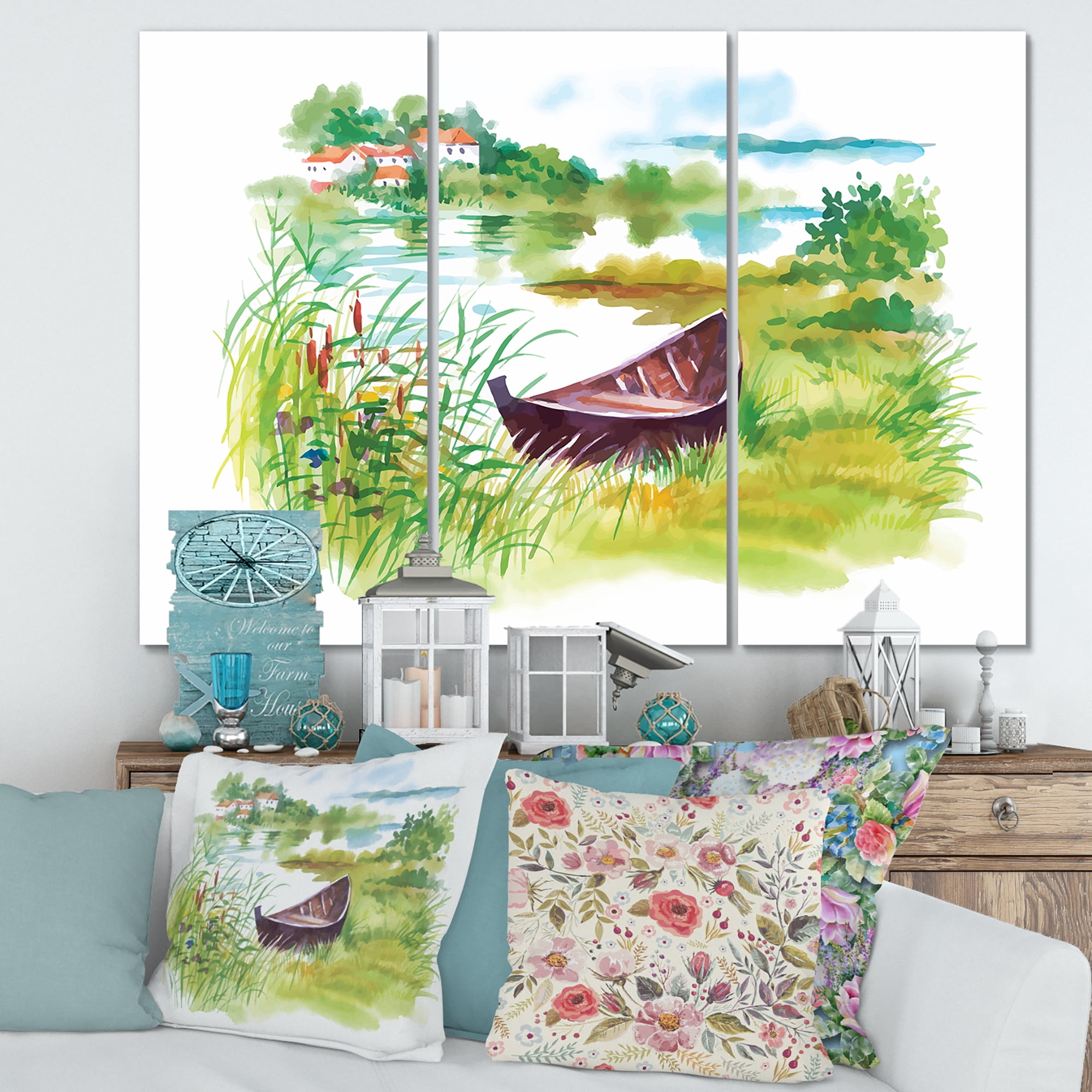 Designart ' Rural Green Landscape With Boat In Lake ' Lake House Canvas Wall Art Print