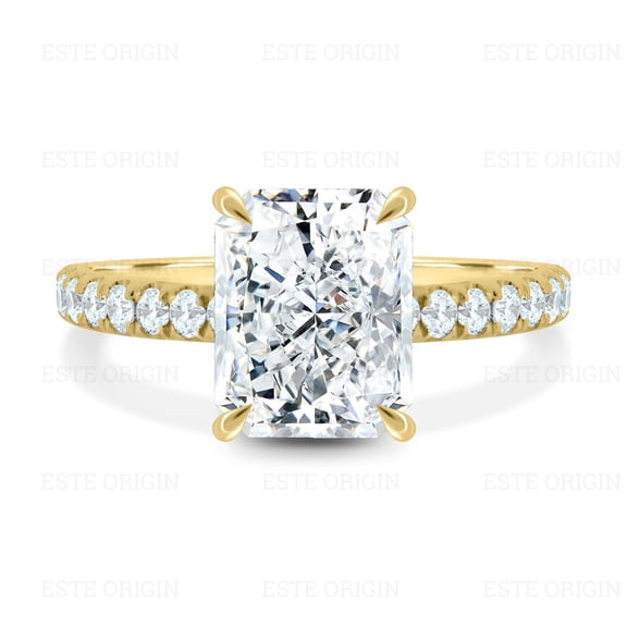 ESTE ORIGIN 3Ct Radiant Moissanite Solitaire Ring with Hidden Halo and Pavé Band in 10K Yellow Gold for Women