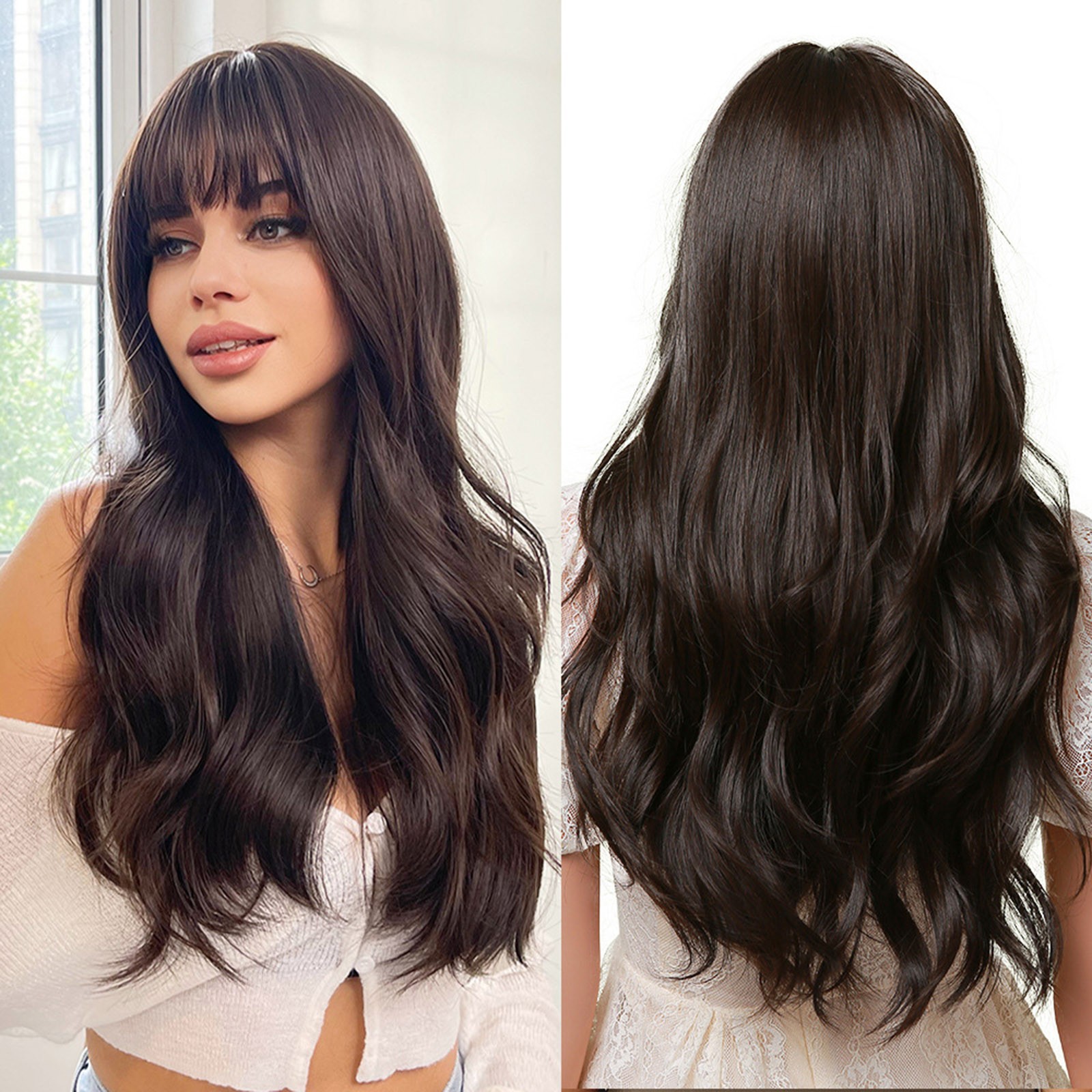 Long Wavy Brown Wig with Bangs for Women, Synthetic Heat Resistant Hair Wig for Daily Wear and Party Use(Brown,One Size)